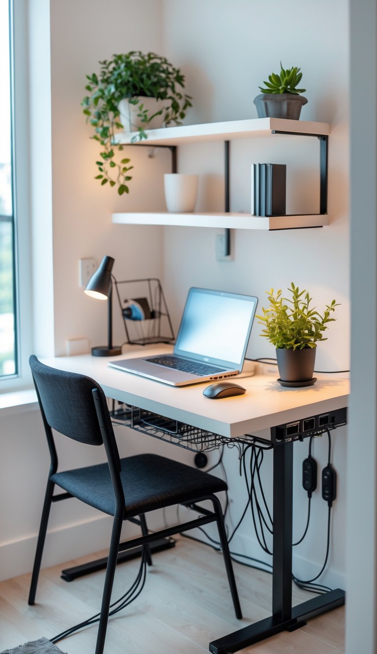 A tidy tiny home office with a desk featuring a laptop and organized cables, a small plant, and shelves in a bright room.