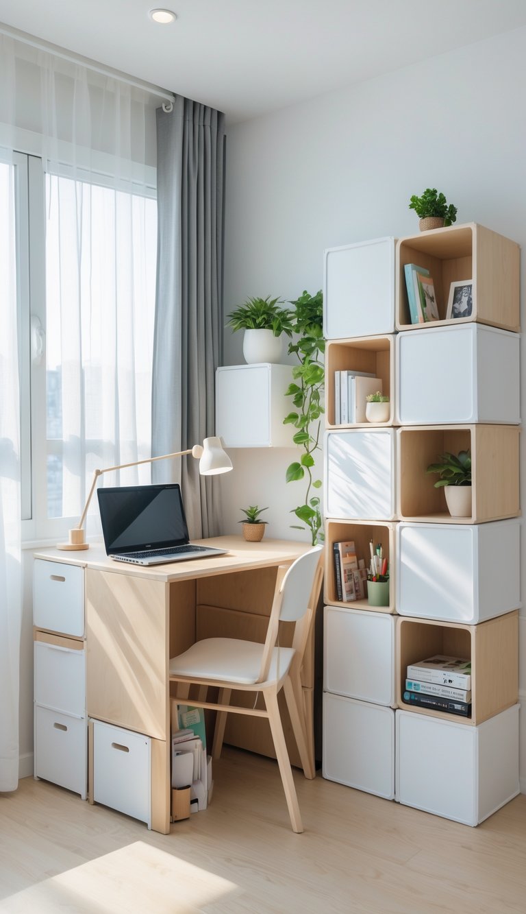 A small apartment home office with stackable storage cubes, a compact desk with a laptop, plants, and natural light from a window.