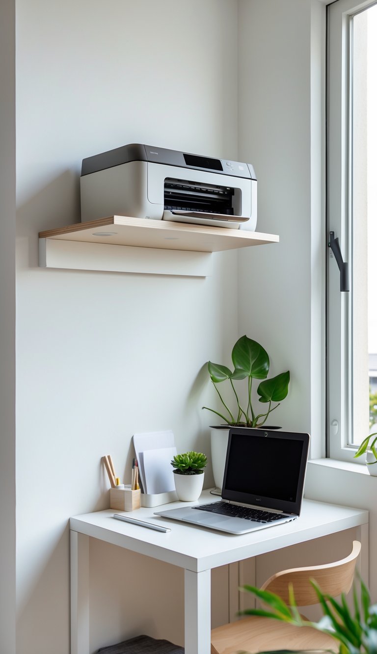 A small home office corner with a wall-mounted shelf holding a printer above a desk with a laptop and a plant.