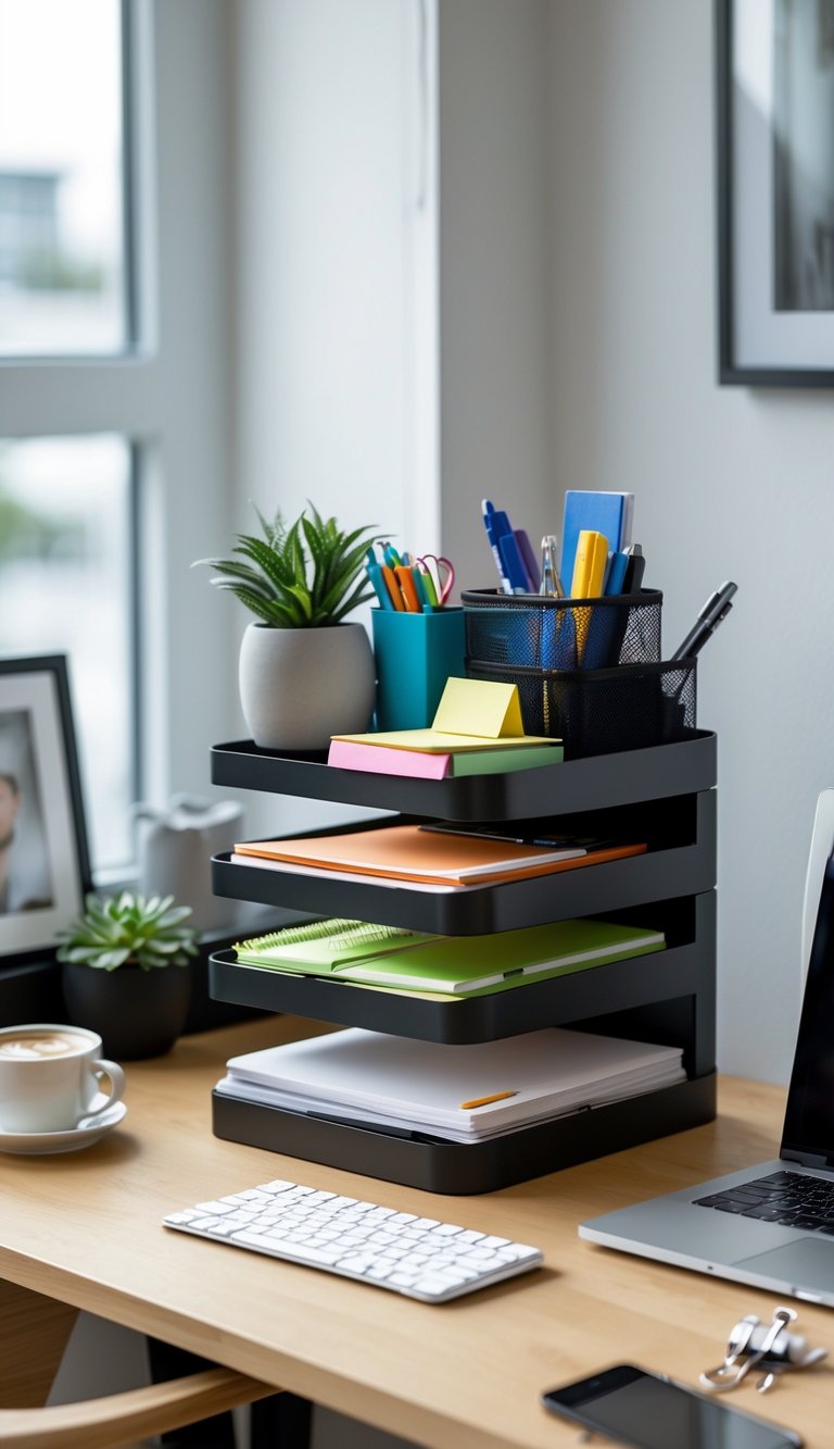 A multi-tiered desk organizer filled with office supplies on a small wooden desk in a compact home office.