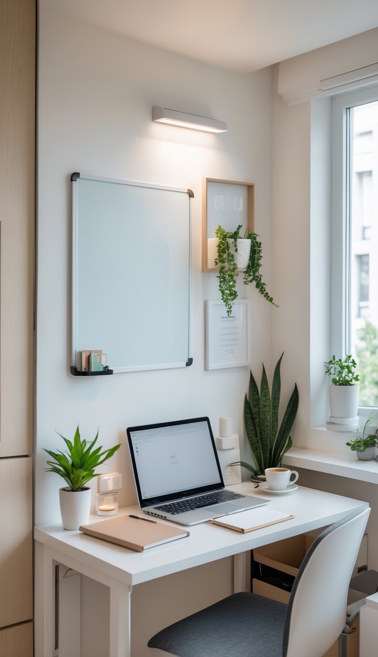 A small, bright home office in a compact apartment with a clean whiteboard on the wall above a desk with a laptop and coffee cup.