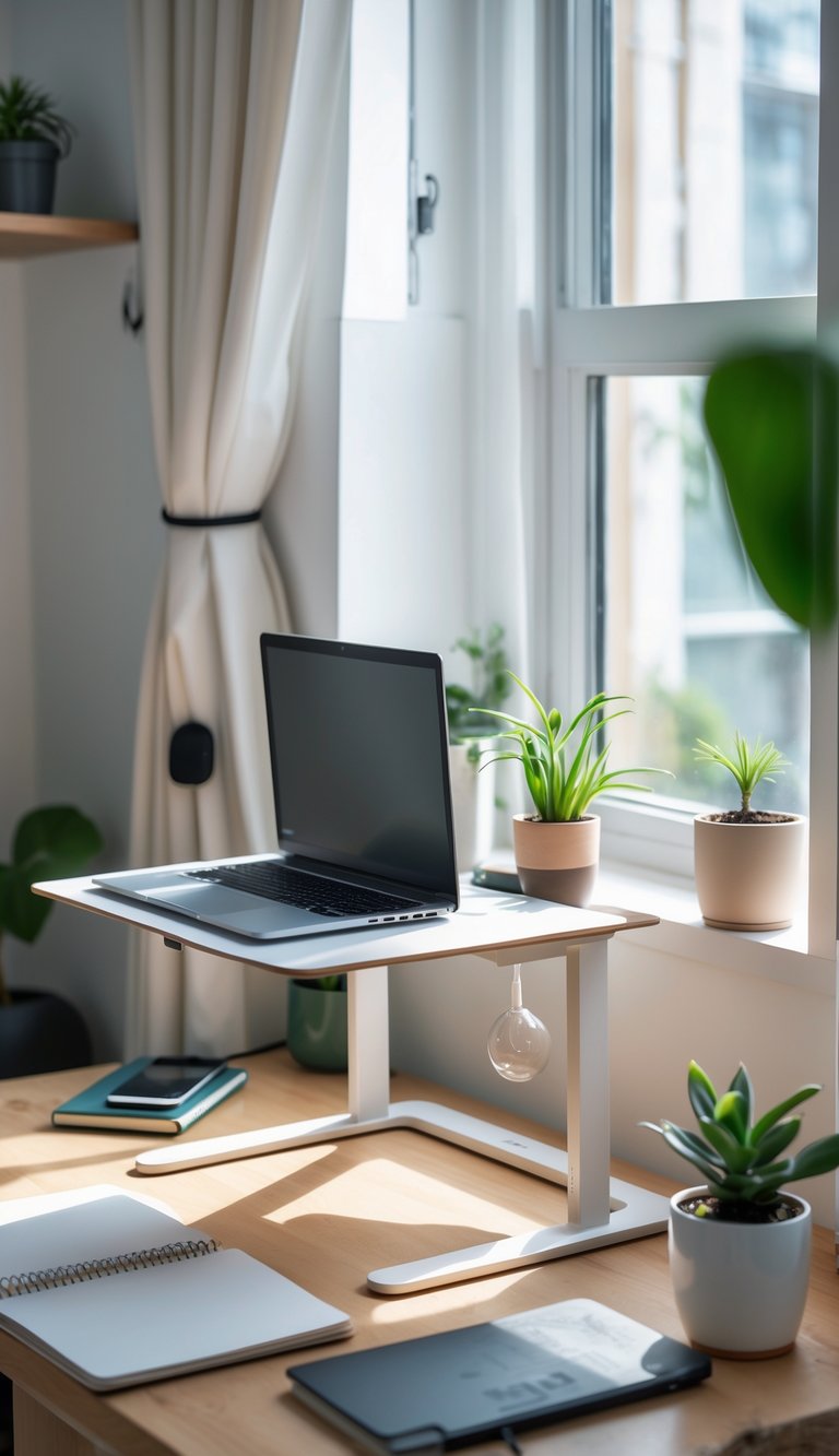 A small apartment home office with a laptop on a stand on a tidy desk near a window.