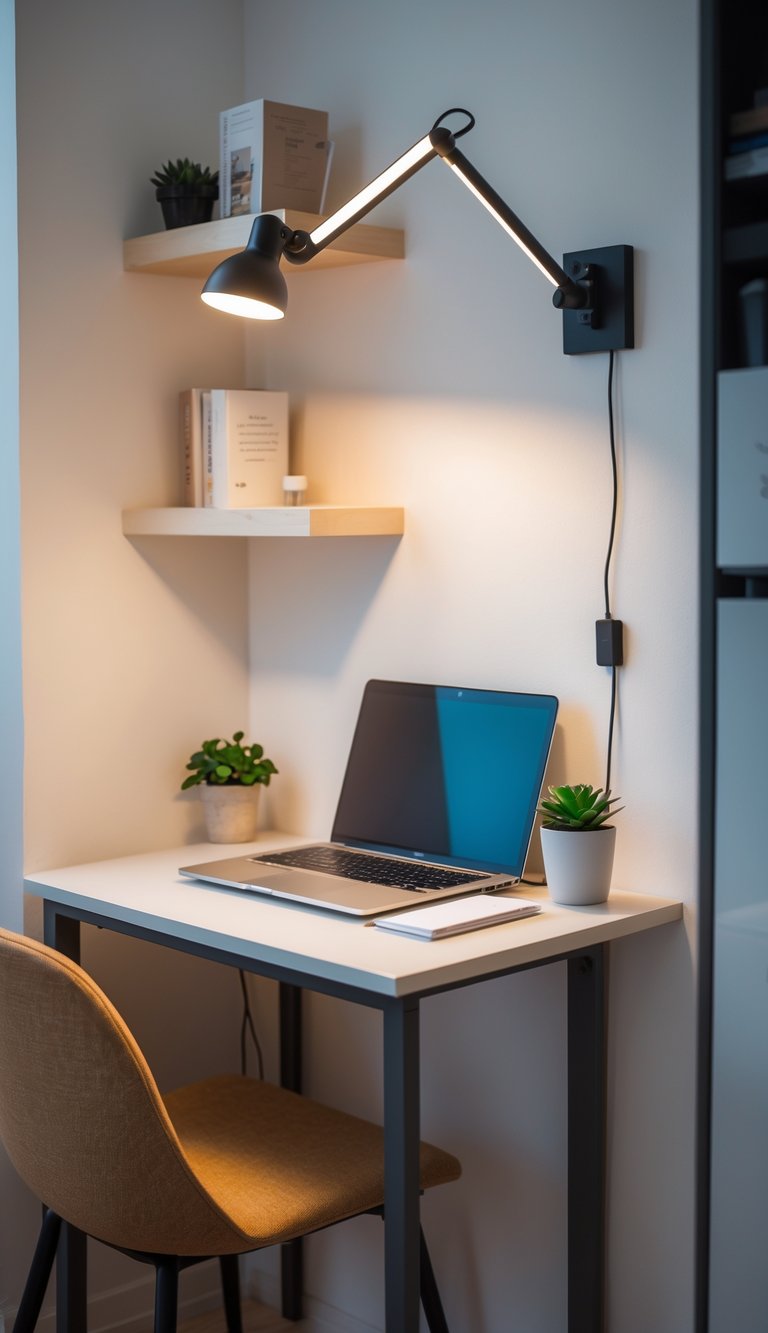 A small home office corner with a desk, laptop, potted plant, and a swinging arm wall lamp mounted on the wall above the desk.
