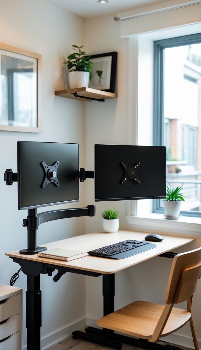 A compact home office with a dual-monitor setup mounted on adjustable arms over a tidy desk in a small apartment.