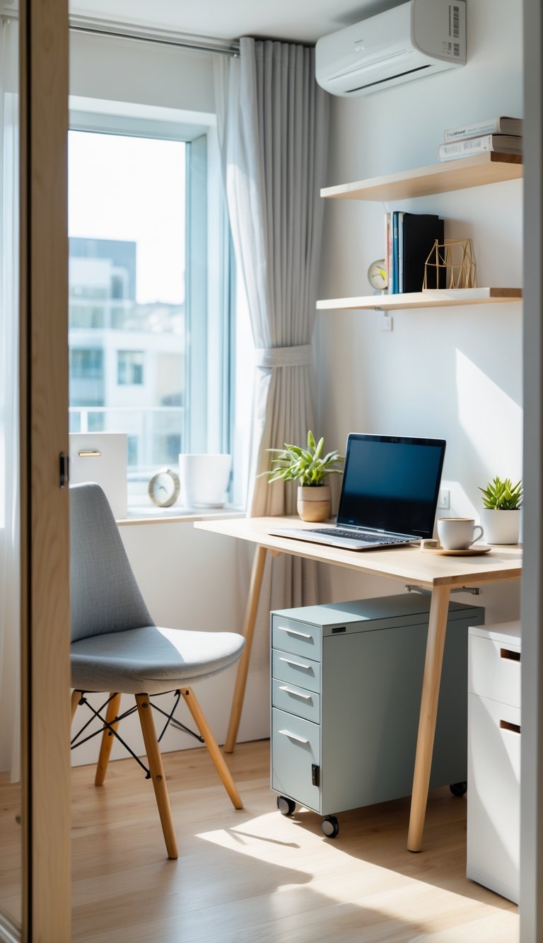 A small home office with a slim rolling file cabinet next to a compact desk, a laptop, a plant, and a chair in a bright, organized room.