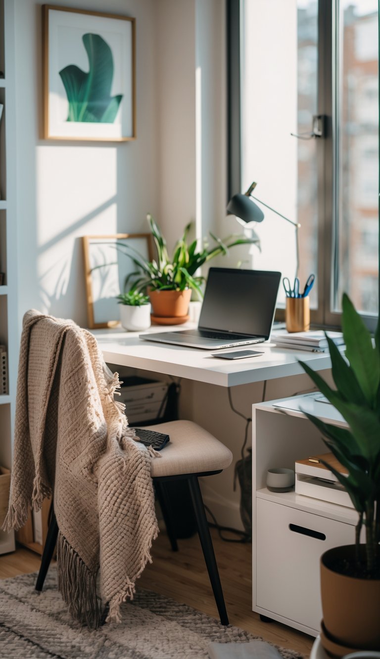 A small home office with a desk, chair with a cozy throw blanket, laptop, and plants in a compact apartment.