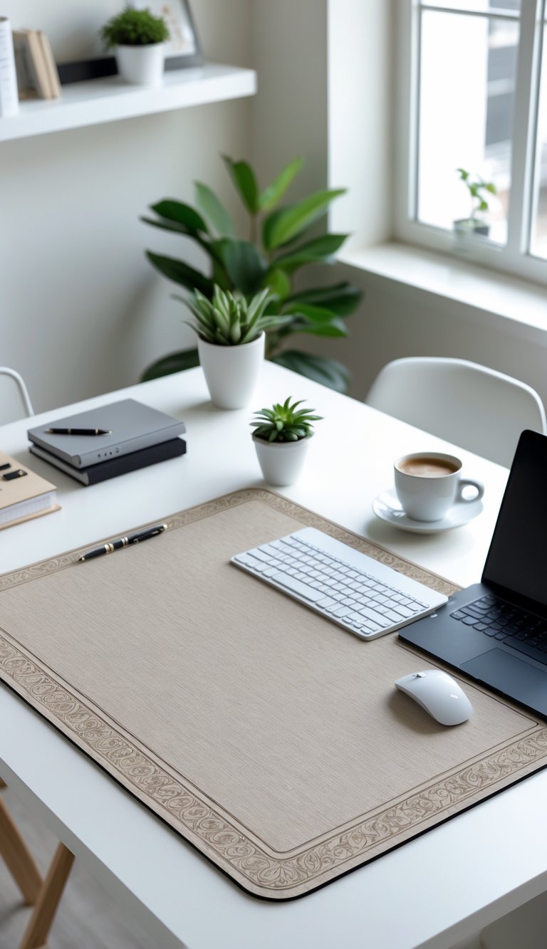 A small apartment home office with a decorative desk mat on a tidy desk holding a laptop, keyboard, mouse, plant, notebook, and coffee cup.