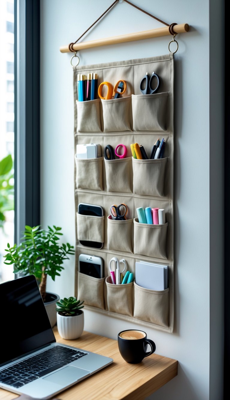 A small home office corner with a hanging fabric organizer holding stationery items above a wooden desk with a laptop and a plant.
