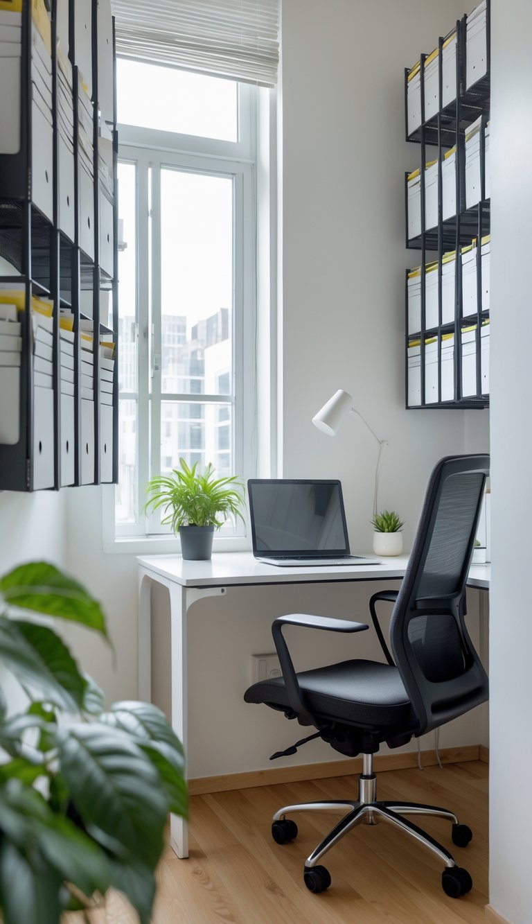 A small home office in an apartment with vertical filing racks, a desk with a laptop, and a chair near a window.