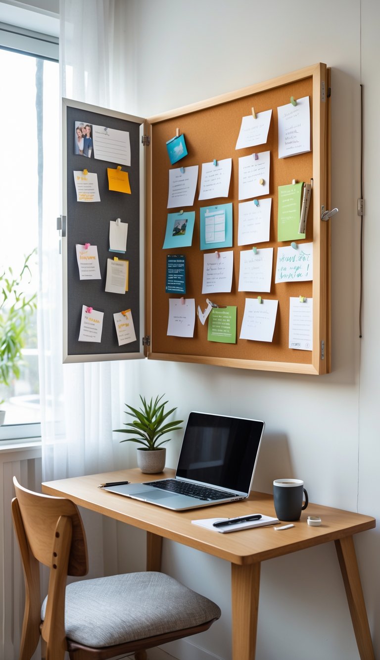 A small apartment home office with a fold-out bulletin board open above a compact desk holding a laptop, plant, and coffee cup.