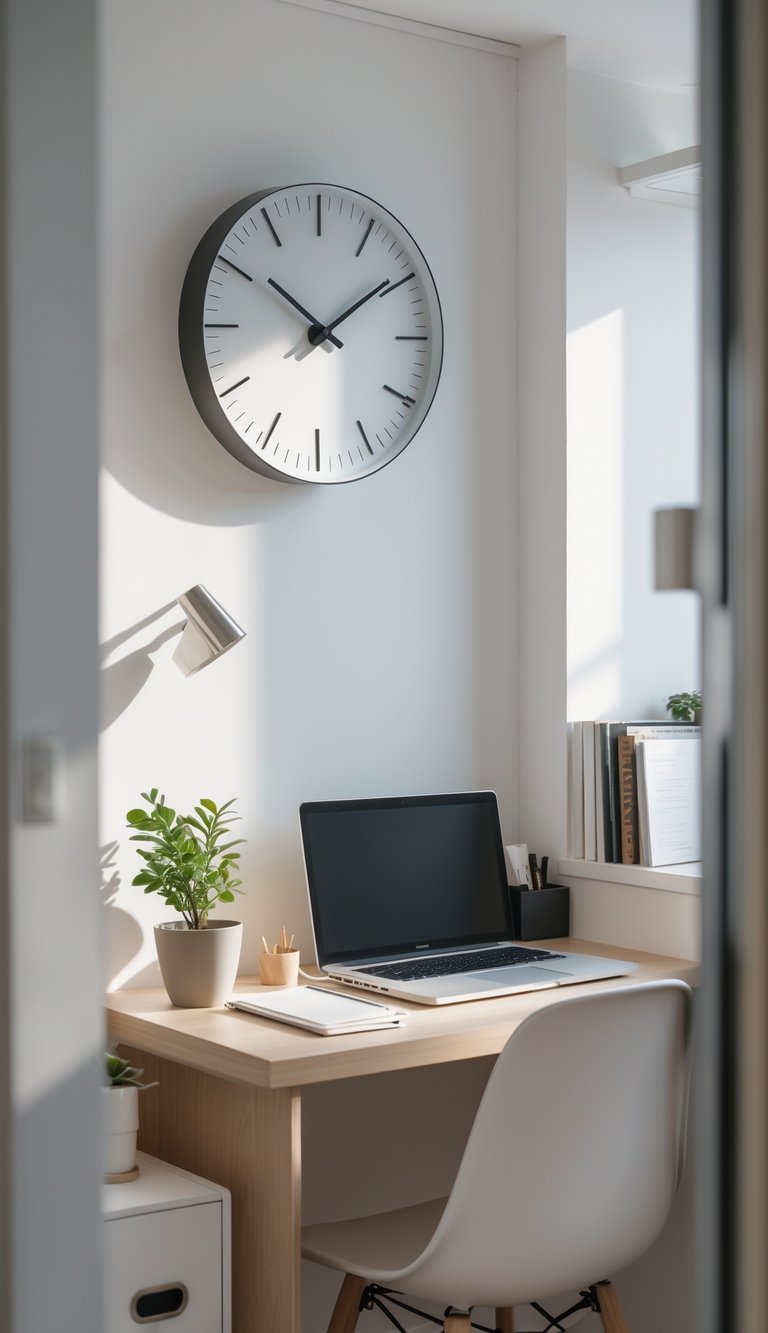 A small home office setup in a compact apartment with a minimalist wall clock above a tidy desk holding a laptop, plant, and office supplies.
