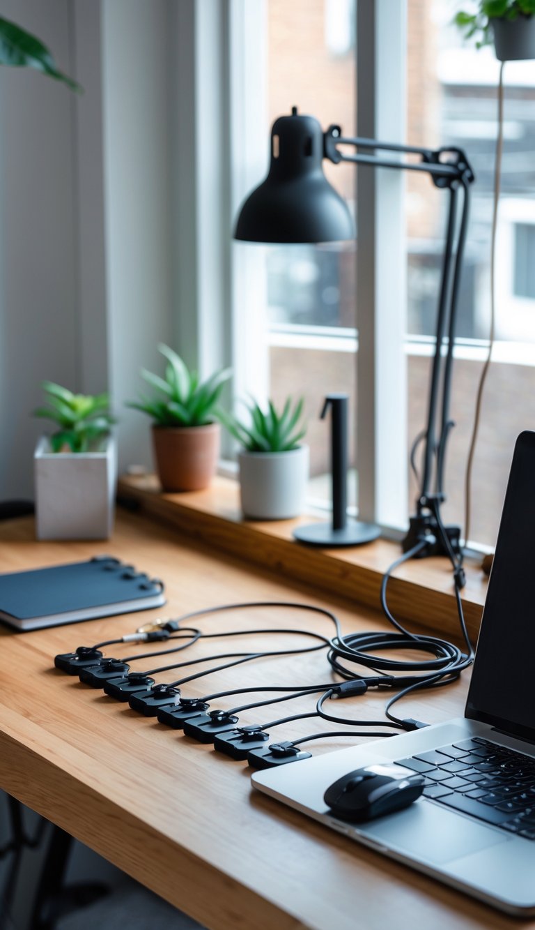 A small home office desk with cables neatly organized using binder clips, a laptop, a plant, and a lamp in a compact apartment.