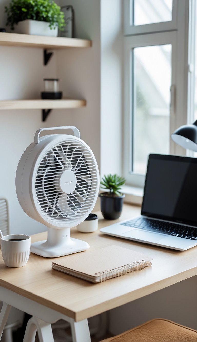 A compact desk fan on a small desk in a tidy tiny home office with a laptop, notebook, coffee cup, and plant near a window.