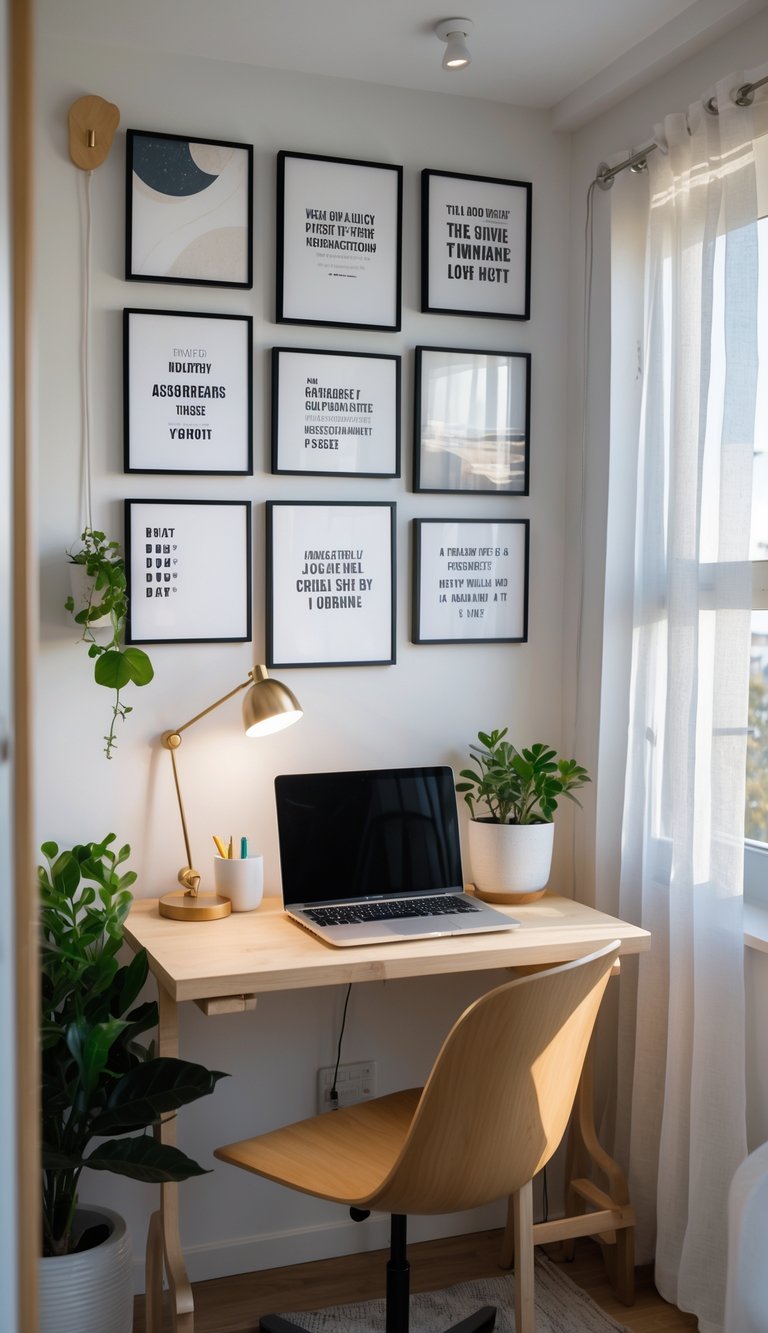 A small home office in a tiny apartment with a desk, laptop, chair, plants, and inspirational art prints on the wall.