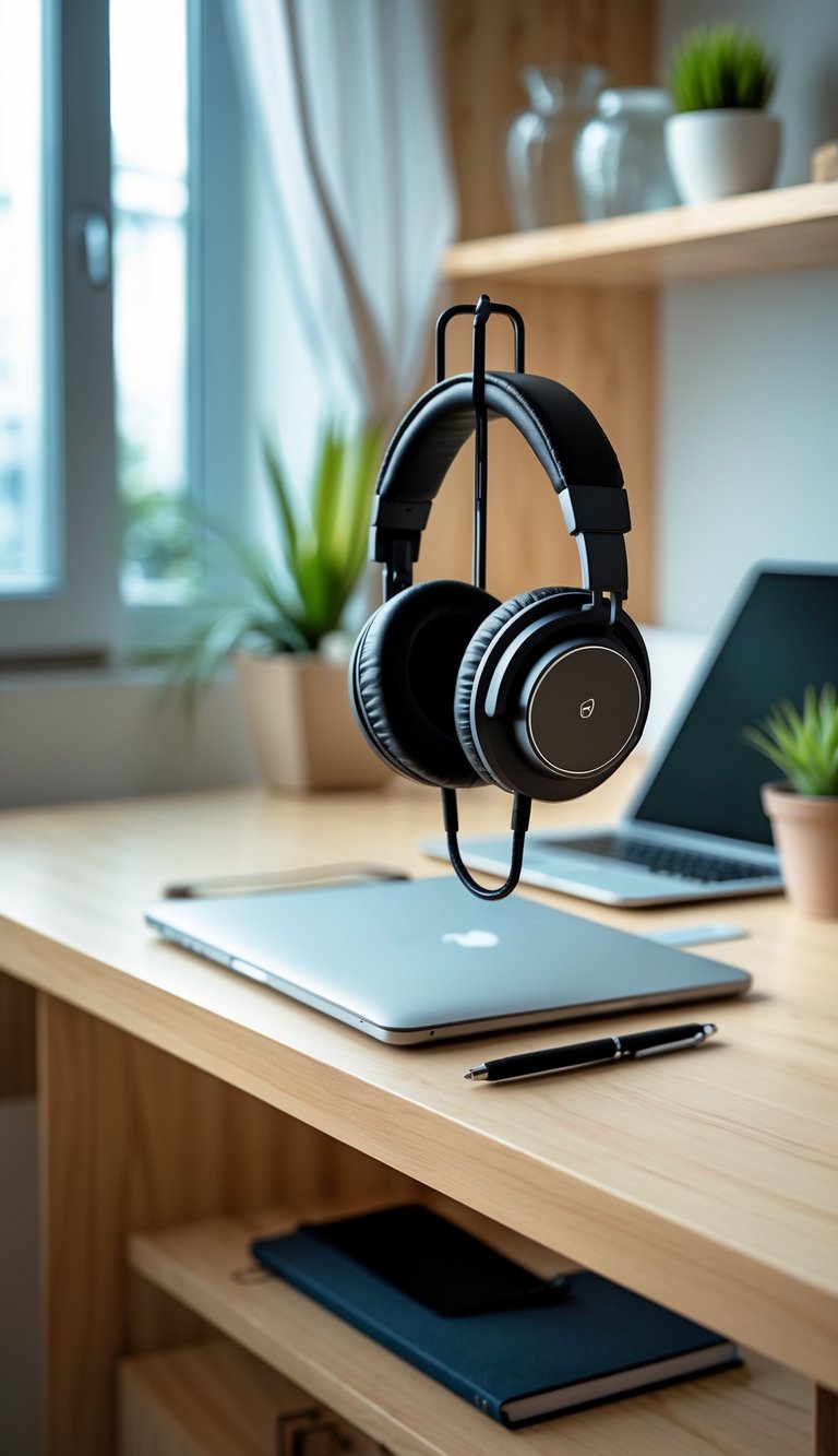 A small home office desk with a headphone hook installed underneath holding headphones, surrounded by a laptop, plant, and notebook in a compact apartment.