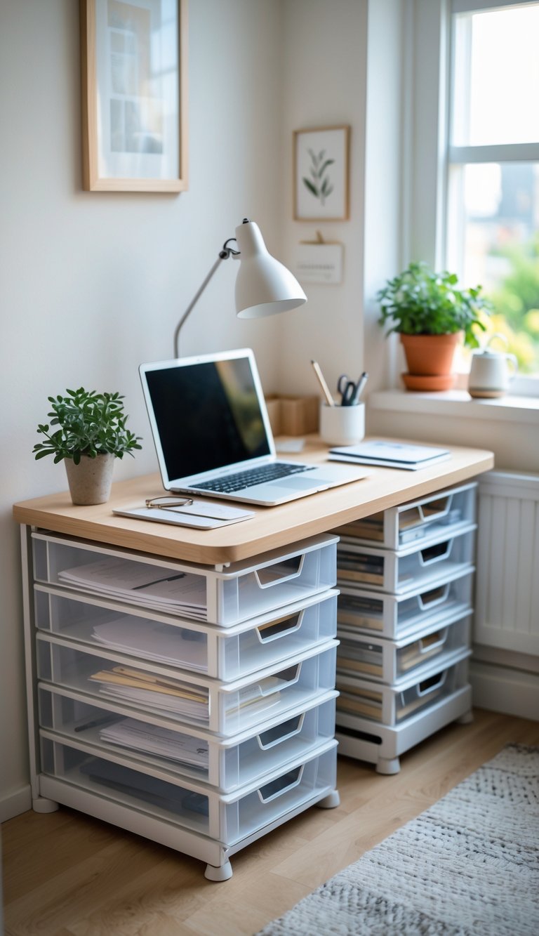 A small home office with a desk featuring stackable drawers for papers, a laptop, a plant, and a lamp in a cozy apartment room.