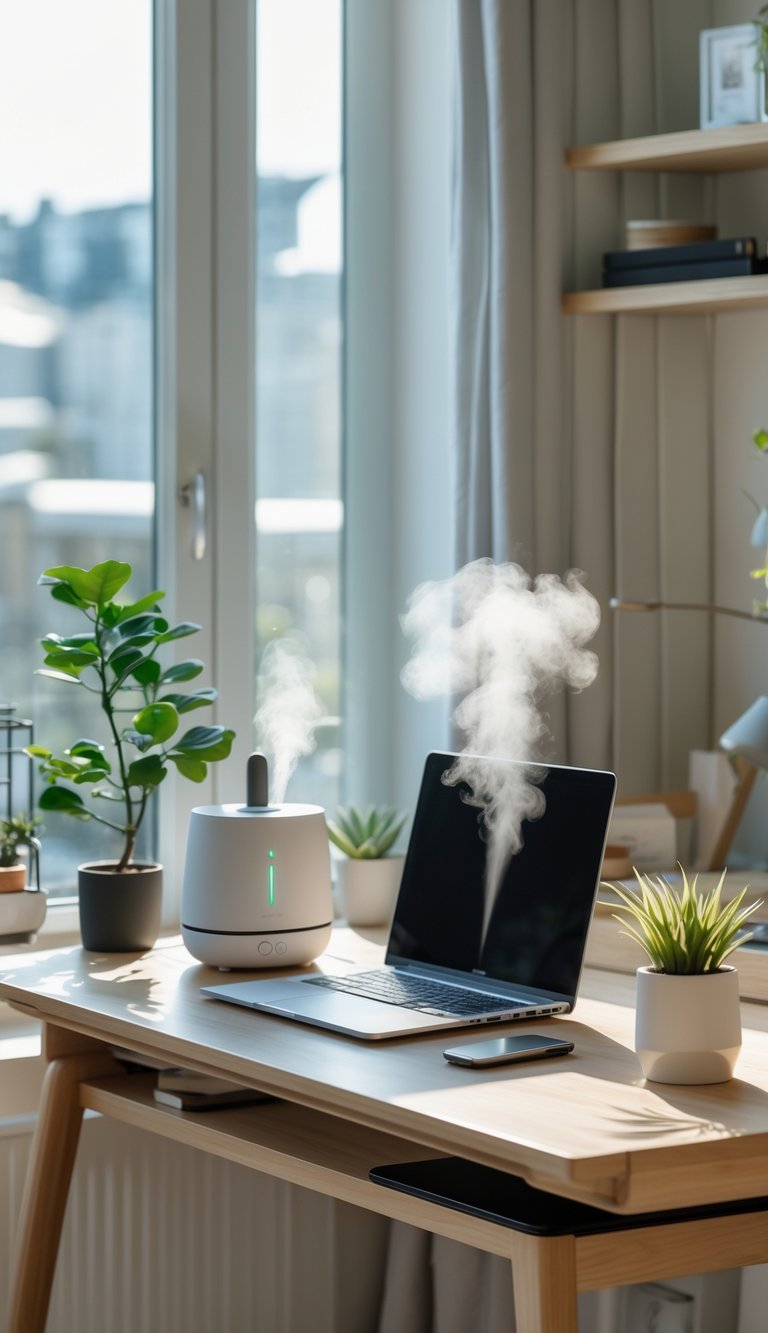A small home office desk with a laptop, a small desktop humidifier releasing mist, a potted plant, and office supplies in a compact apartment room.