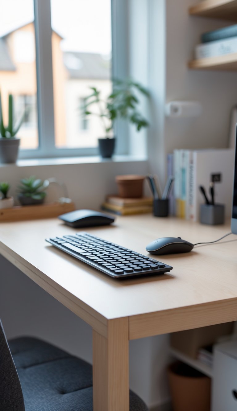 A small home office setup with a wireless keyboard and mouse on a wooden desk near a window in a compact apartment.