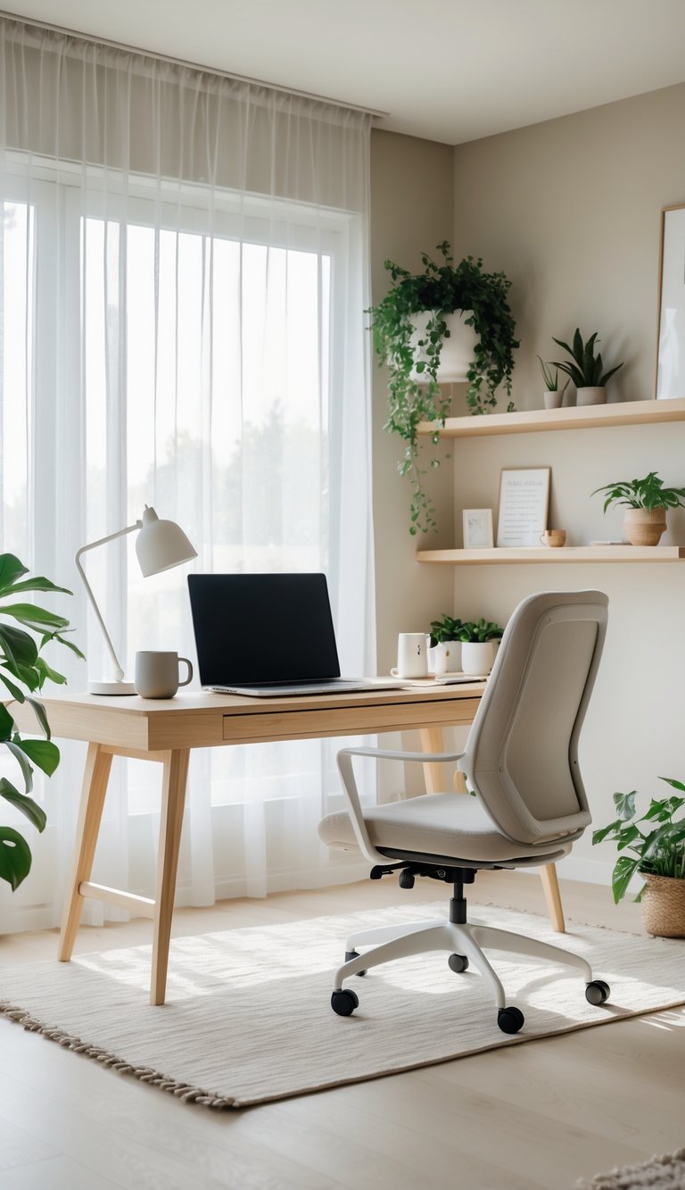 A bright home office with a wooden desk, laptop, chair, plants, and shelves in neutral colors.