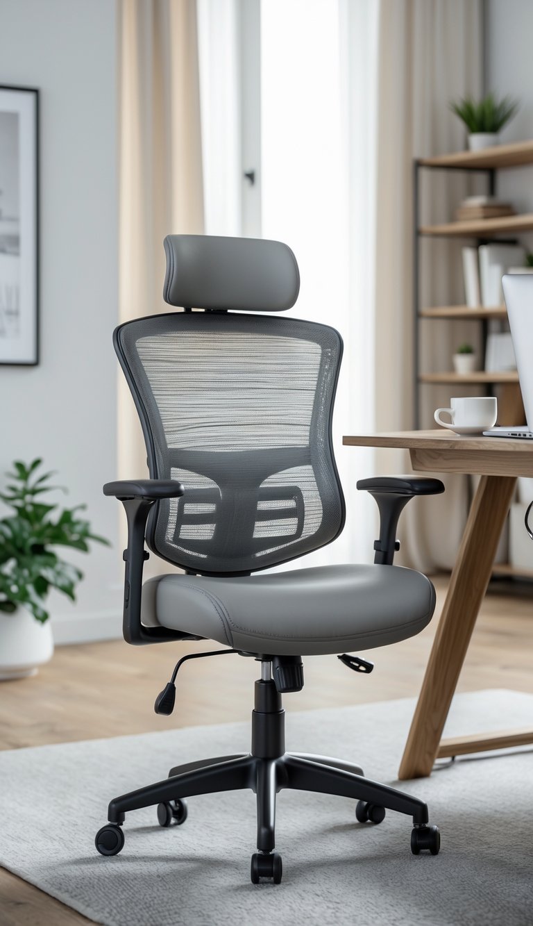 A gray ergonomic office chair next to a wooden desk in a home office with a laptop, plant, and soft natural light.