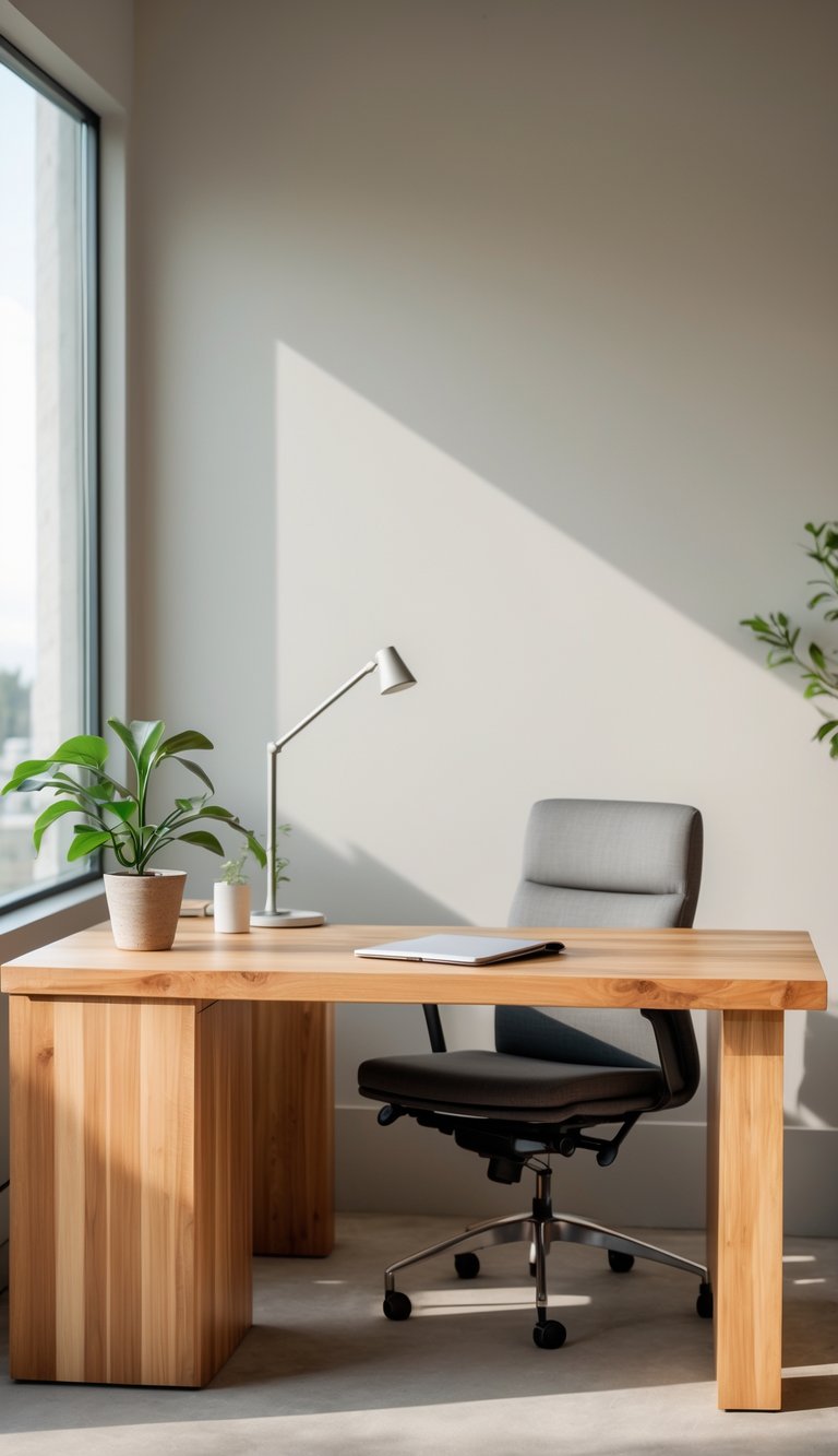 A natural wood desk with clean lines in a tidy home office with neutral colors and soft natural light.