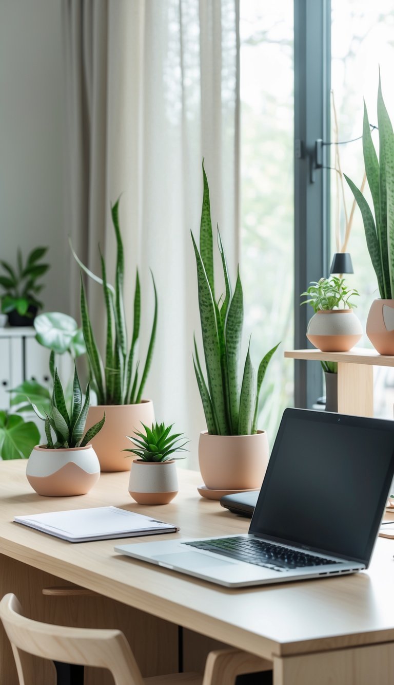 A home office with a wooden desk, laptop, and several potted snake plants and succulents placed on the desk and shelves near a window.