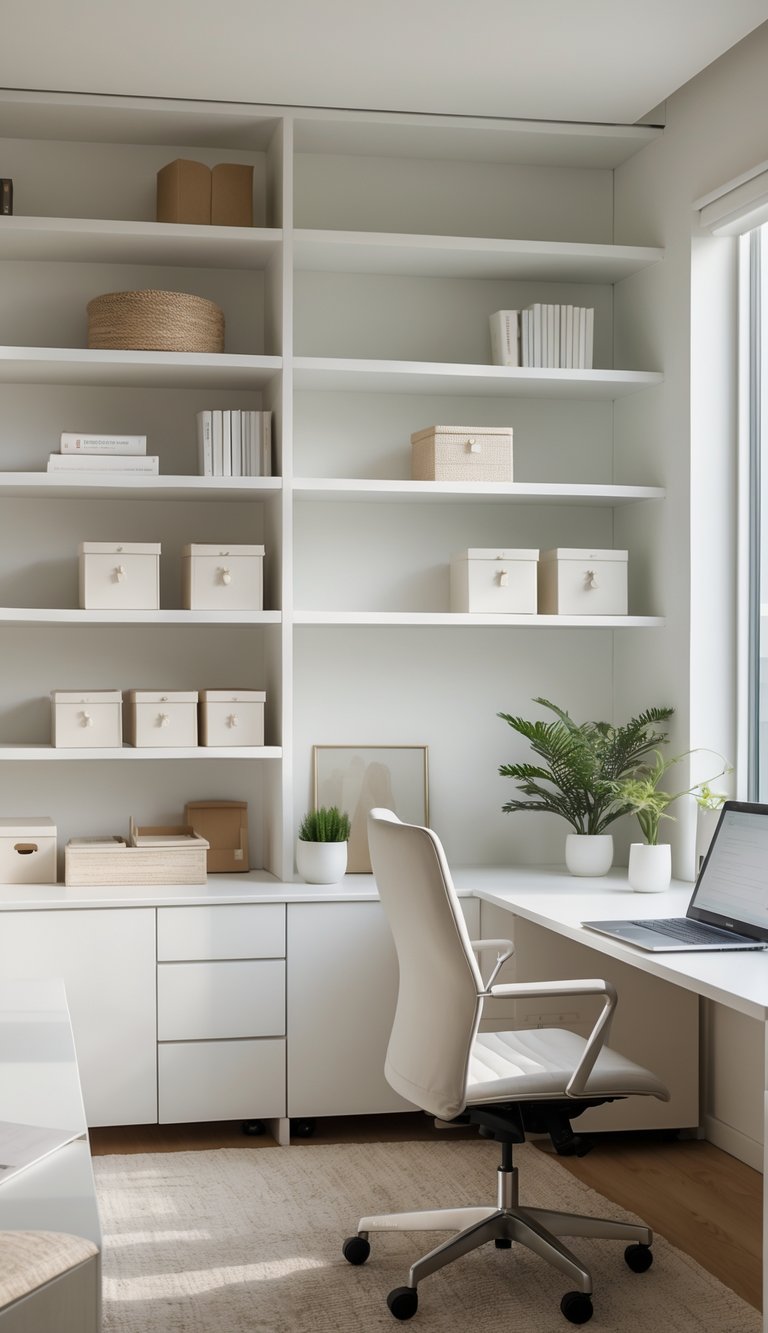 A tidy home office with white shelves holding books and storage boxes, a clean desk with a laptop, a chair, and a small plant by a window.