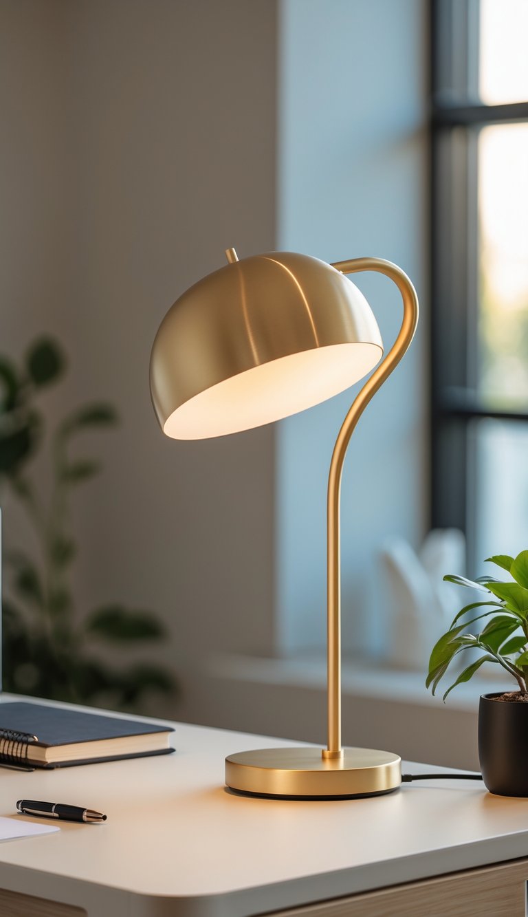 A warm gold desk lamp on a clean home office desk with office supplies and a small plant.