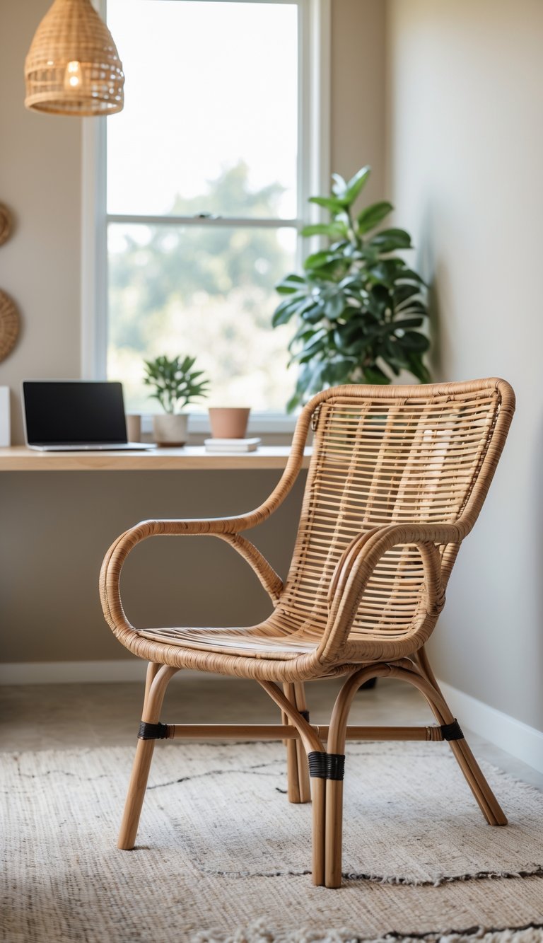 A home office with a woven rattan chair, a desk with a laptop, and a potted plant near a window with natural light.