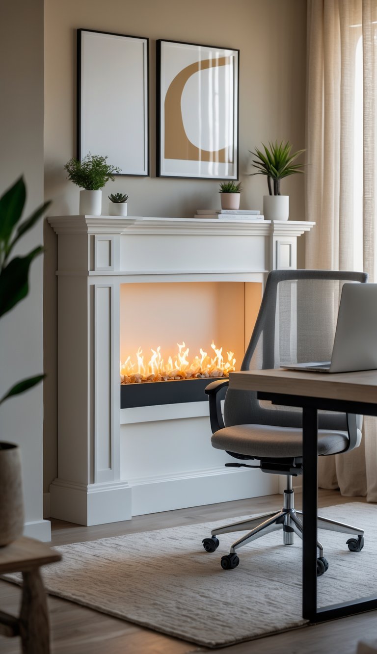 A cozy home office with a desk, chair, and a faux fireplace emitting warm light, surrounded by neutral decor and soft natural lighting.