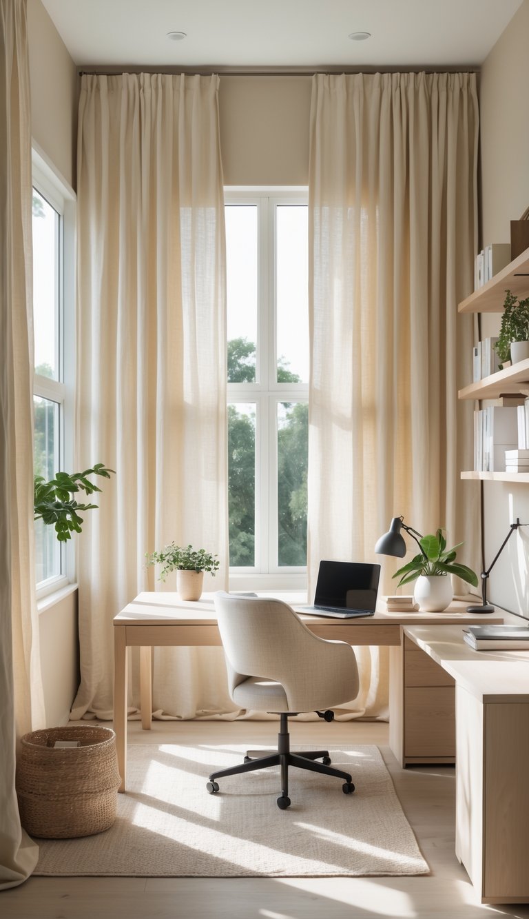 A home office with soft ivory linen curtains covering large windows, a wooden desk with a laptop, an ergonomic chair, and neutral-colored decor.
