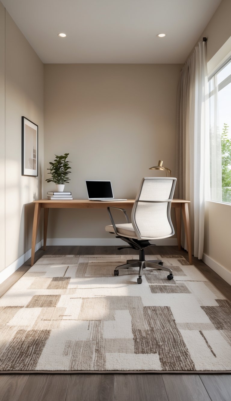 A home office with a wooden desk, chair, potted plant, and a neutral-toned printed rug on the floor.
