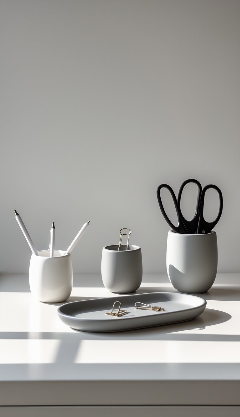 A clean home office desk with white and gray ceramic desk accessories including a pen holder, tray, and cup on a light-colored surface.