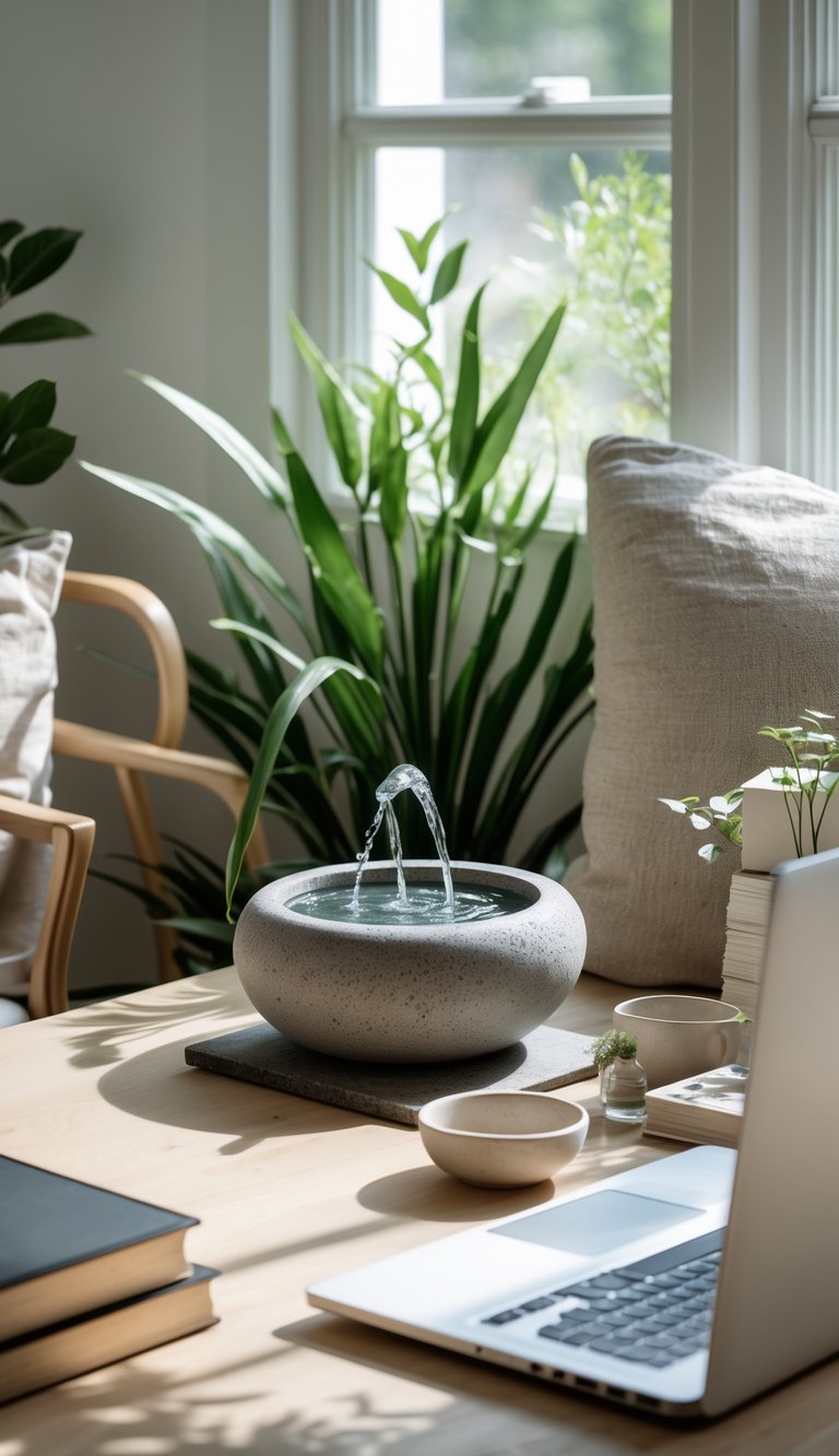 A small stone water feature with flowing water on a wooden desk surrounded by neutral decor and plants in a home office.