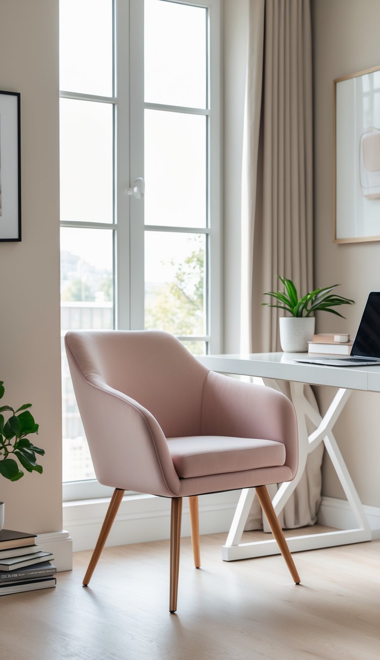A home office with a pastel pink chair next to a white desk, a laptop, a plant, and books in a softly lit room.