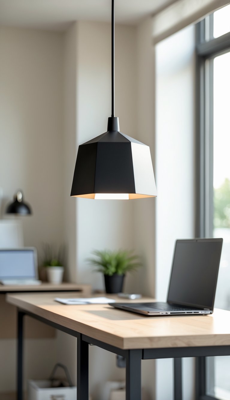 A black metal pendant lamp hanging above a tidy home office desk with a laptop and a small plant.