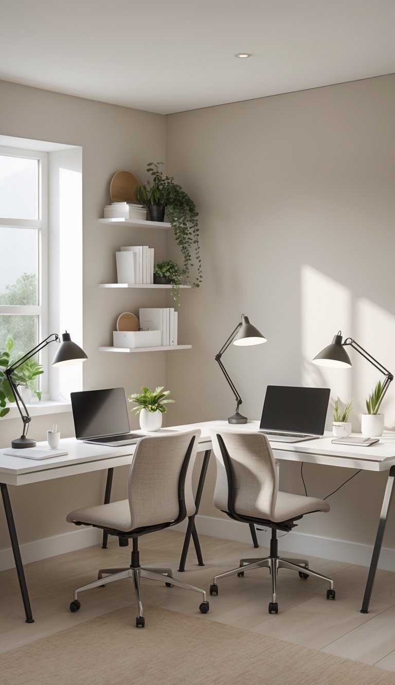 A shared home office with two desks side by side, each with a laptop, chair, and desk lamp, in a bright room with neutral colors and plants.