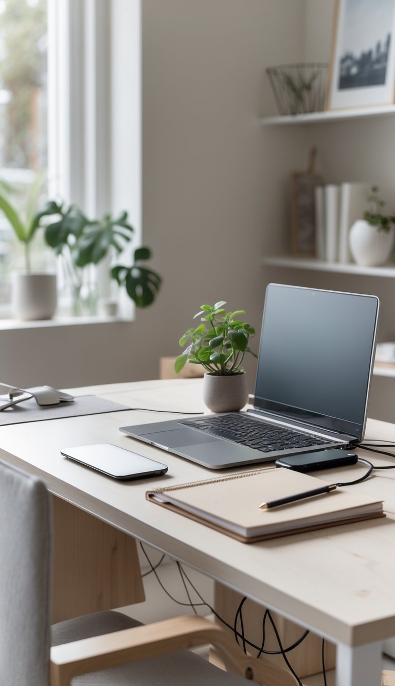 A clean and organized home office desk with a laptop, keyboard, mouse, plant, and neatly managed cables.