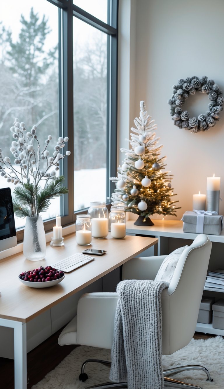 A modern office decorated with winter-themed items including a small Christmas tree, pine branches, candles, and cozy blankets near a desk and window showing snow outside.