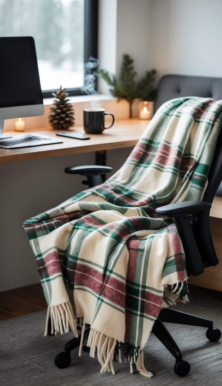 A cozy office space with plaid throw blankets on a chair and sofa, a wooden desk with a laptop and mug, and winter decor like pinecones and evergreen branches.