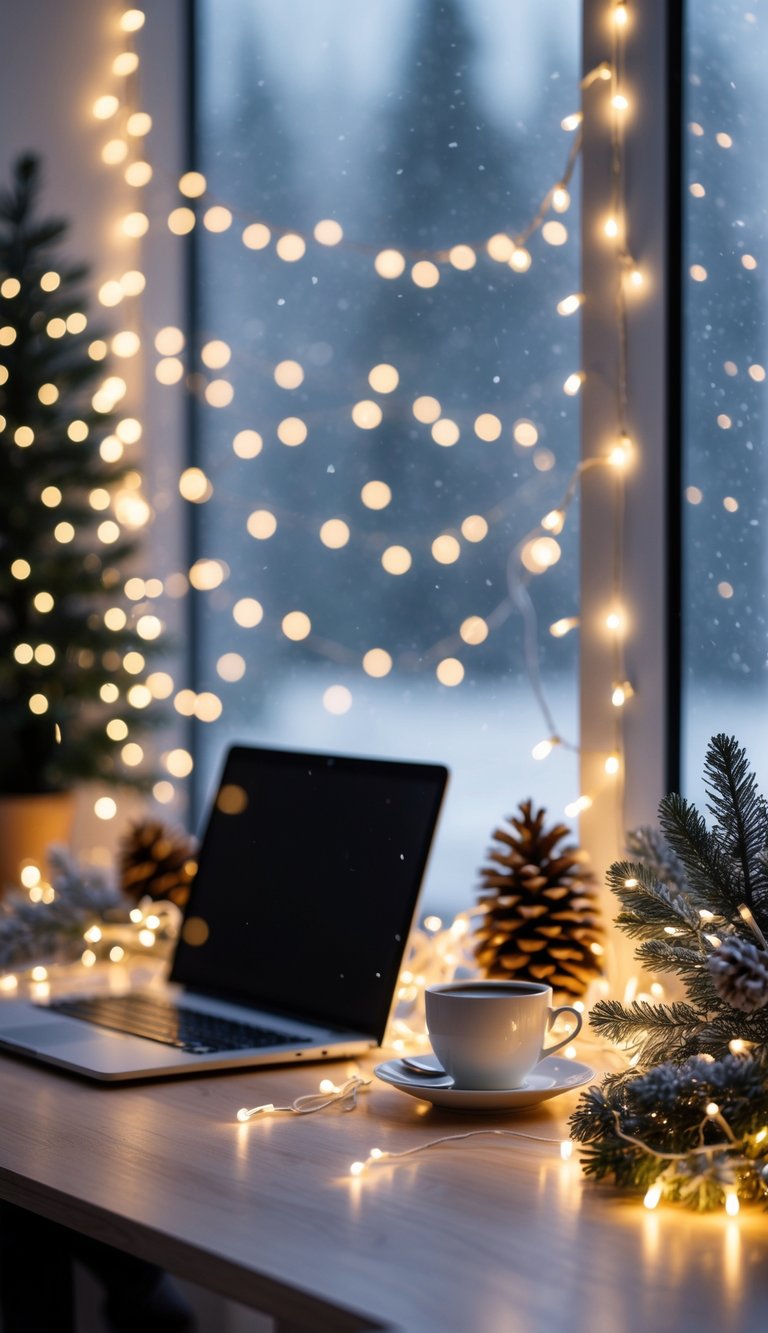 A modern office desk decorated with twinkling fairy lights, winter-themed ornaments, and a snowy window in the background.