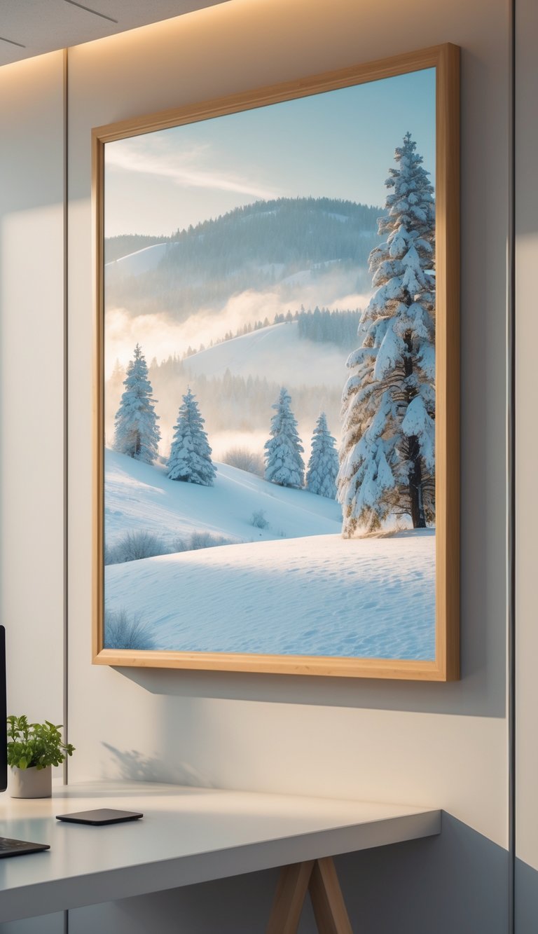Framed artwork of a snowy landscape with snow-covered trees and hills displayed on an office wall.