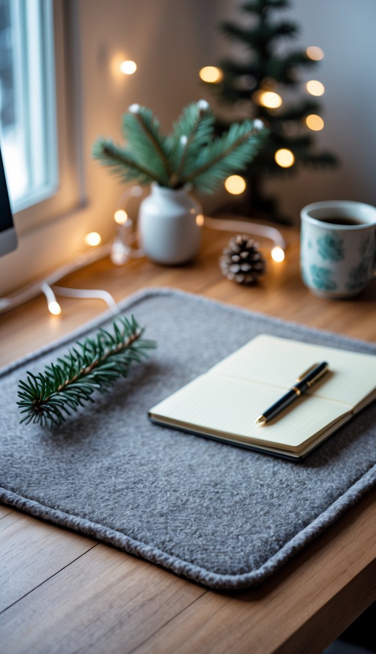 A wooden desk with a soft wool or fleece desk mat, a steaming mug, a notebook, and winter-themed decorations in a cozy office setting.