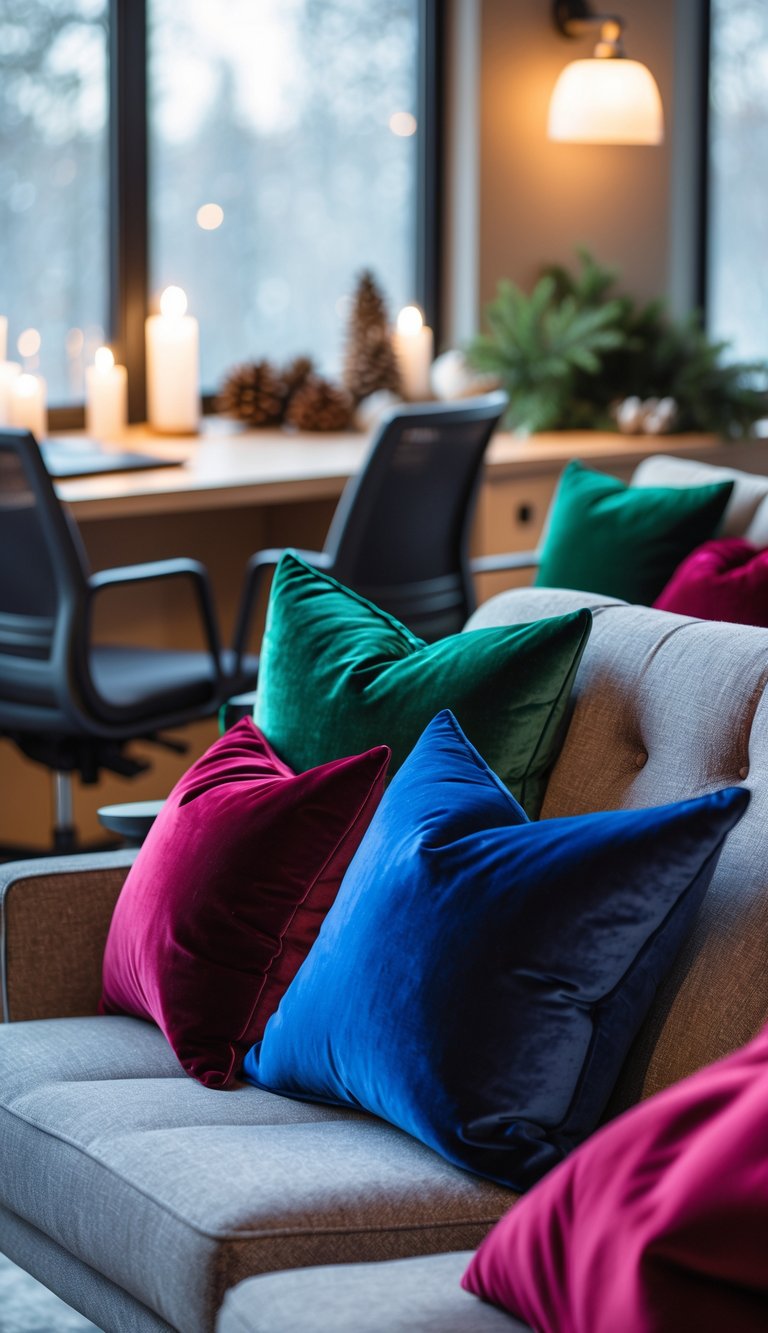 A winter office scene with plush velvet pillows in deep jewel tones arranged on a chair and sofa, surrounded by subtle seasonal decor.