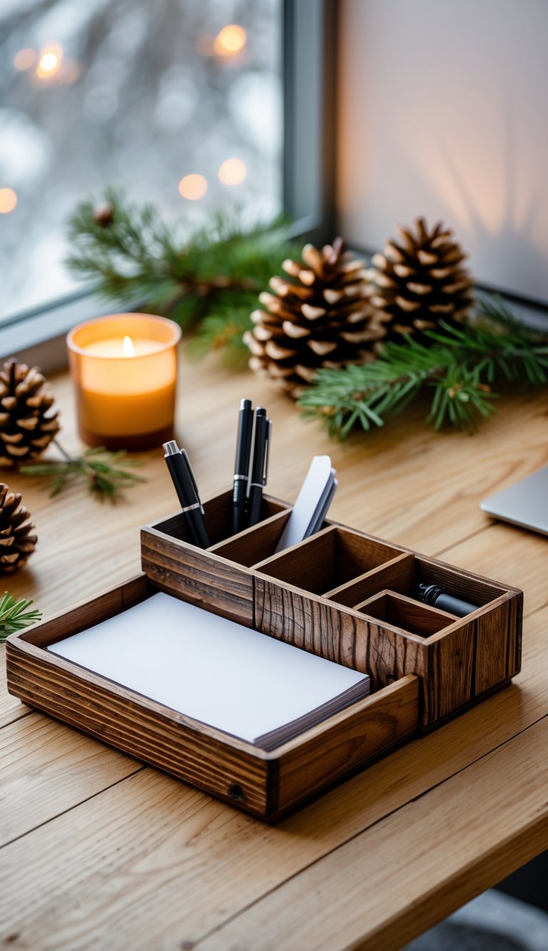 Wooden desk organizers with rustic finishes on a desk surrounded by winter-themed office decorations like pinecones and evergreen sprigs.