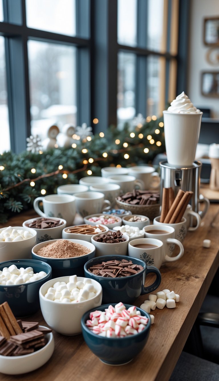 A hot chocolate station with mugs and various toppings set up on a table in a winter-themed office.