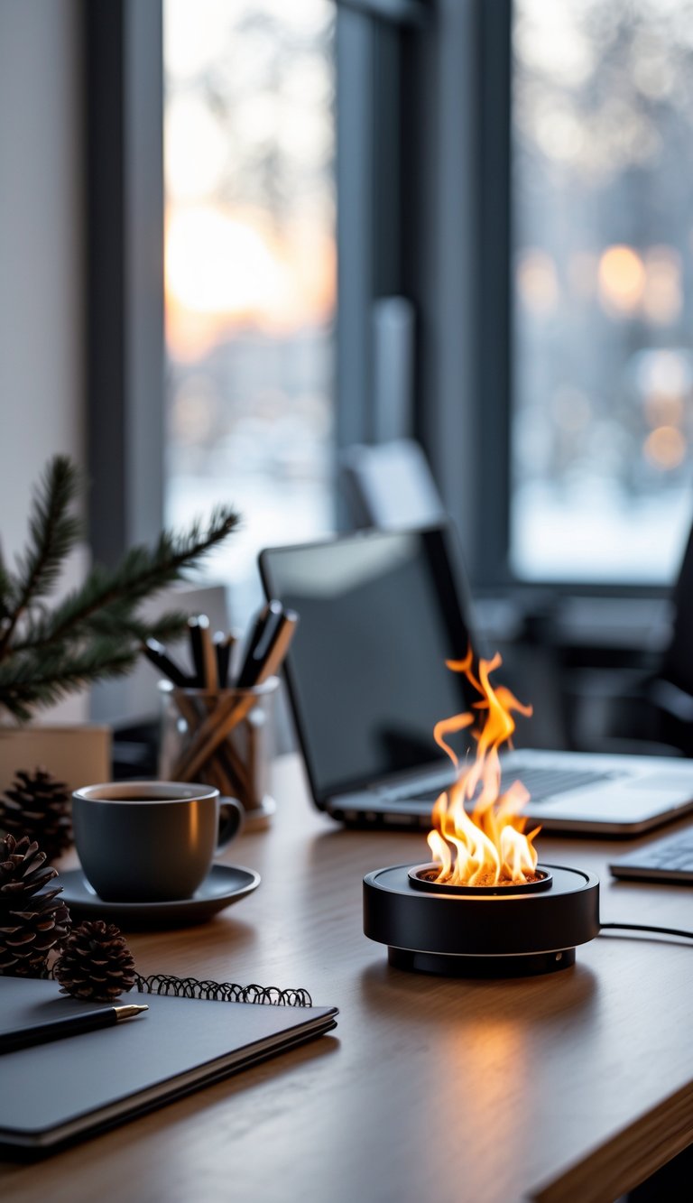 A mini tabletop fireplace on a wooden office desk with winter decorations and office supplies around it.
