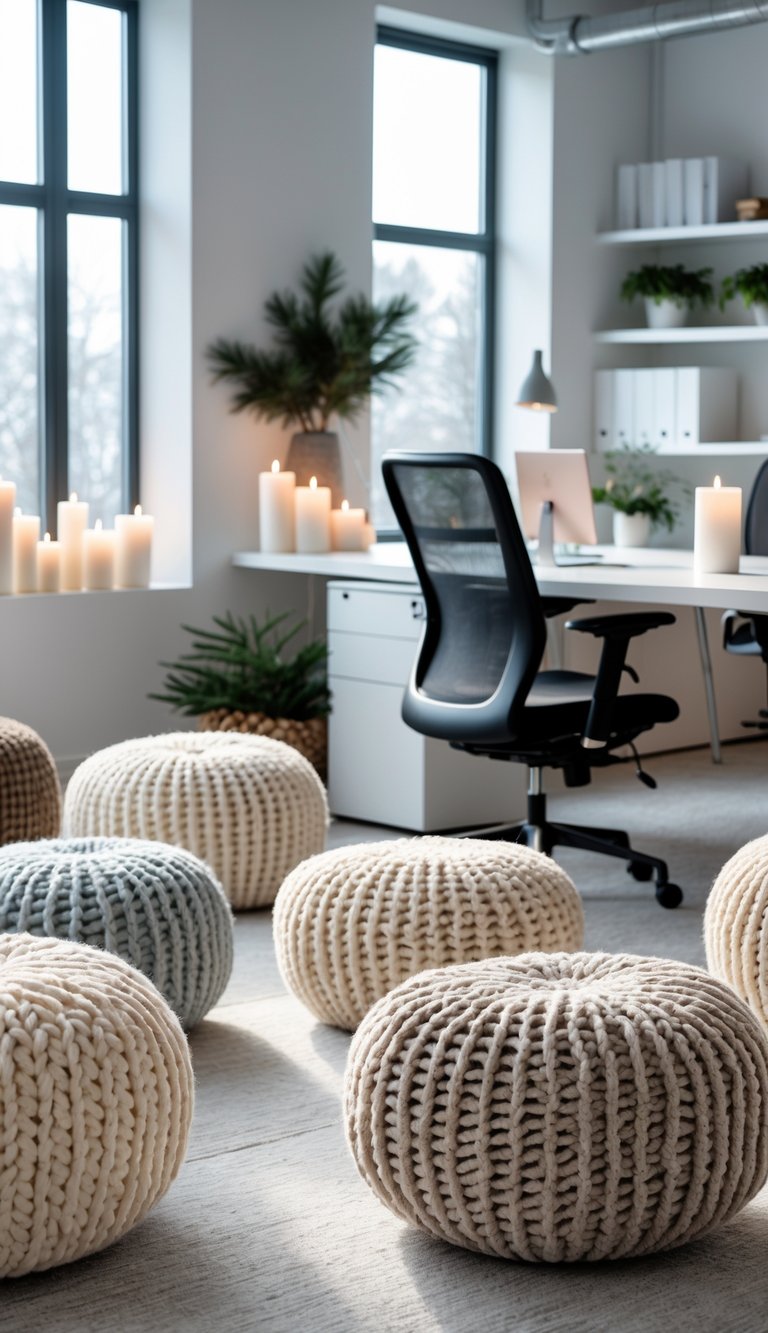 An office space with knitted poufs used as seating around a desk, decorated with winter elements and natural light.