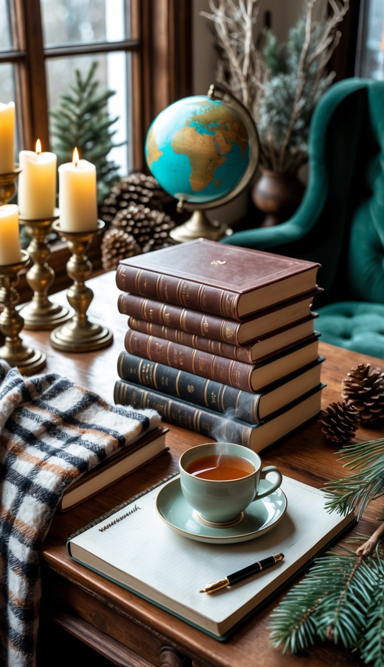 A wooden desk with vintage books, lit candles, a globe, a velvet chair, a woolen blanket, and winter greenery arranged in a cozy office setting.