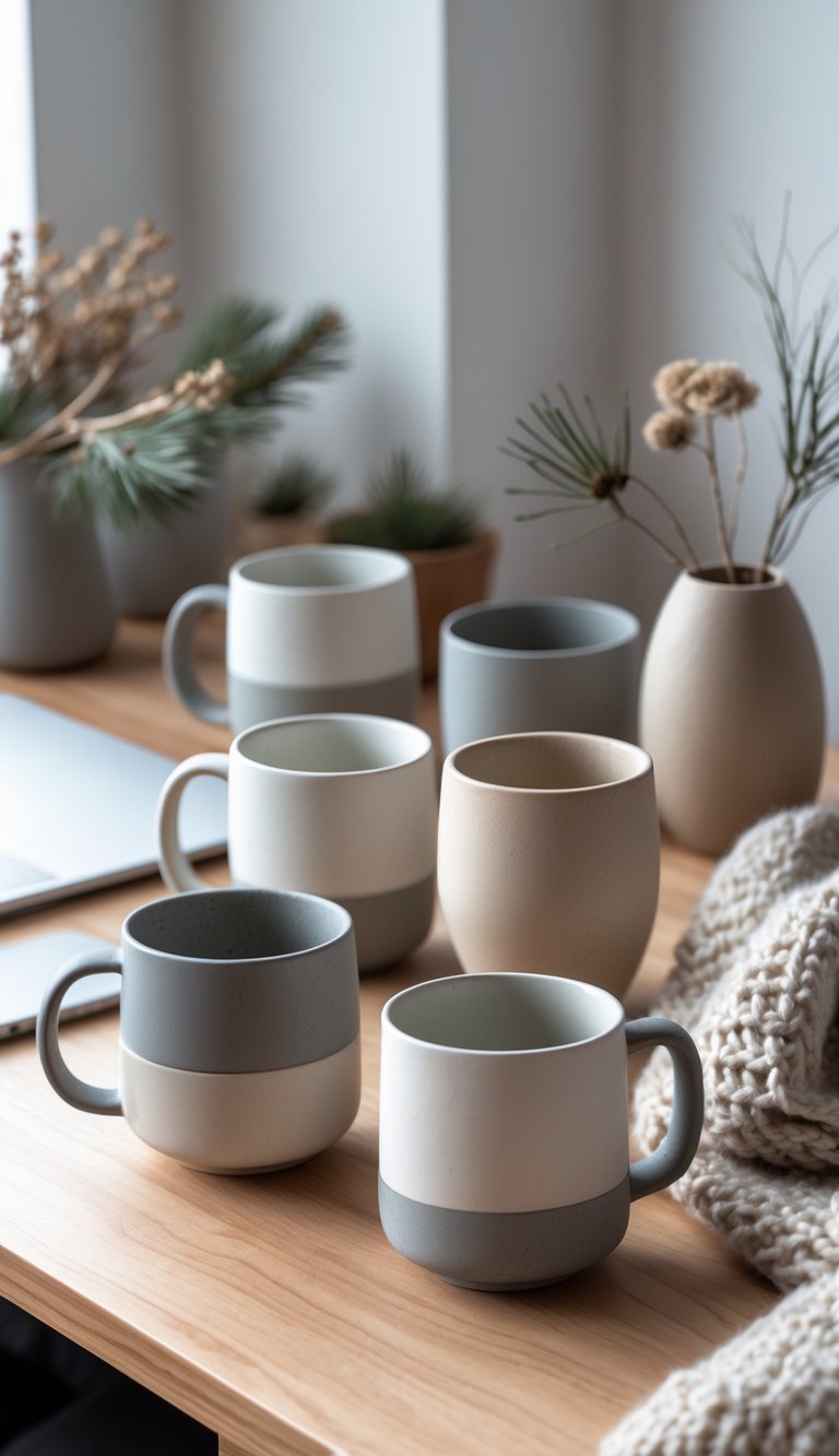 A desk with ceramic mugs and vases arranged alongside winter-themed office decor including pine branches and dried flowers.
